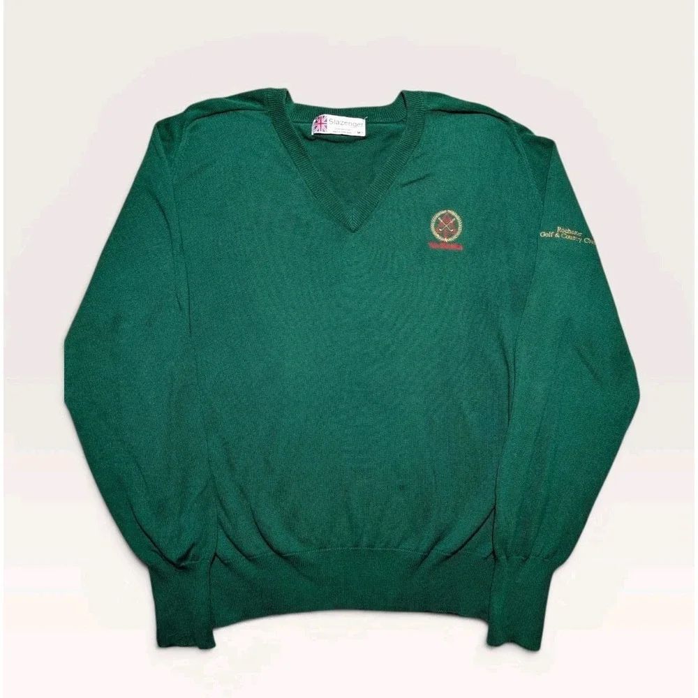 VTG‎ Slazenger V Neck Golf Sweater Green Cotton Rochester Country Club Medium